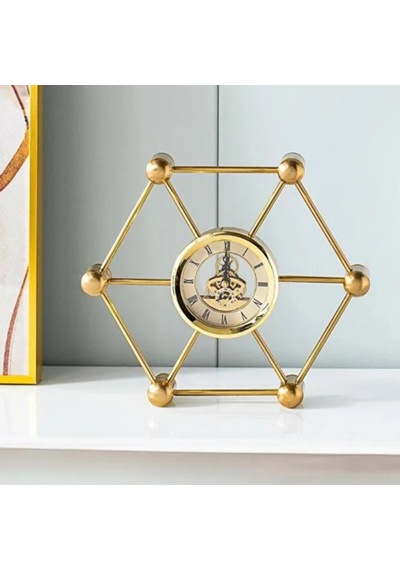 Altıgen Moleküler Tasarım Iskelet Mekanizmalı Gold Metal Masa Saati - Çarklı Lüks Ofis Çalışma Masası Aksesuarı Dekoratif Obje