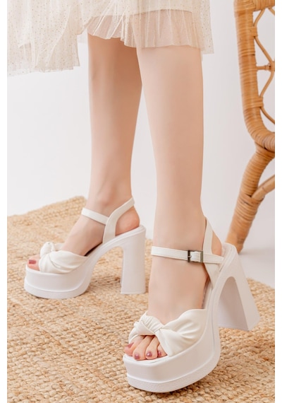 Asmi Shoes Kadın Fiyonk Bantlı 12cm Platformlu Topuklu Ayakkabı Beyaz Beyaz