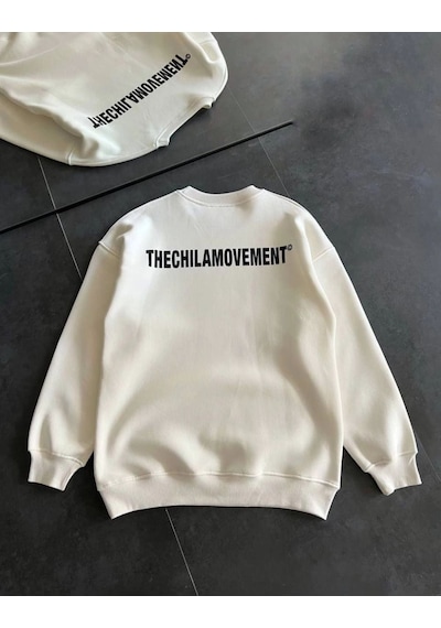 Erkek 3 İplik Pamuklu Kışlık Bisiklet Yaka Oversize Baskılı Sweatshirt - Beyaz