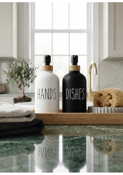 Modern Mutfak Tezgah Üstü 2'li Sabunluk Seti - Bambu Detaylı Hands & Dishes Sıvı Sabunluk Takımı - M Beyaz - Siyah