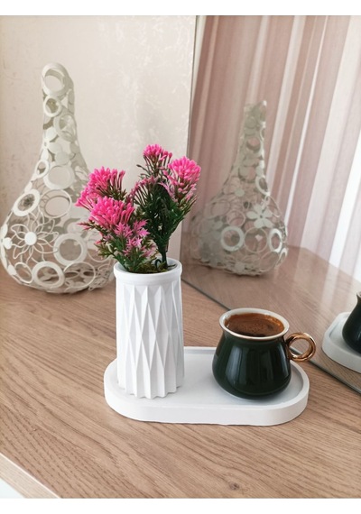 Mini Desenli Beton Saksı Tekli Ve Oval Tabak - Yapay Çiçek Hediyeli - Pembe