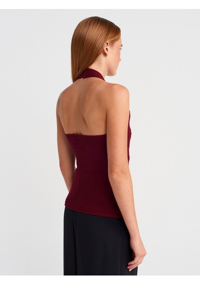 Dilvin 10799 Halter V Yaka Dokulu Triko Bluz-bordo Bordo
