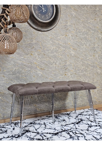 Zafir Metal Krom Tel Ayaklı 100 Cm Puf Bench - Puf - Bench - Oturak - Mutfak Oturağı - Antre Oturağı Kahverengi