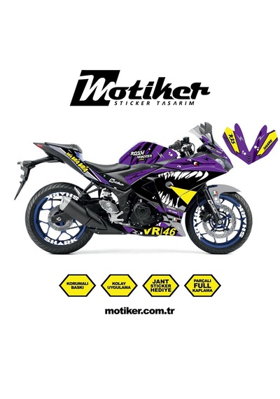 Yamaha Yzf R25 Rossi Köpek Balığı Shark Sticker Etiket Kaplama Modeli Mor