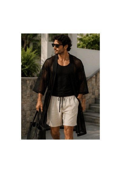 Qmen Style Erkek Plaj Bornozu Siyah File Kumaş. Siyah