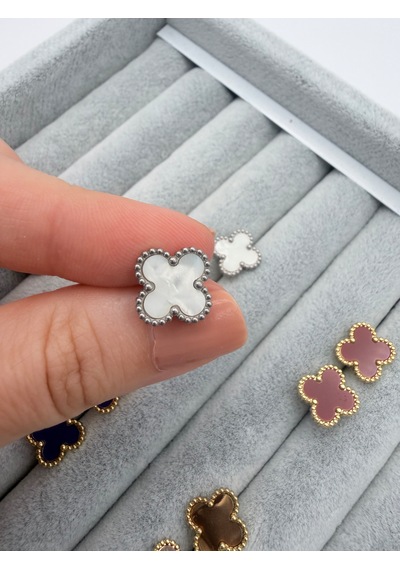 Çelik Yonca Küpe Renkli Mineli Gold Kadın Küpe 1 Cm Minimal Günlük Küpe Beyaz