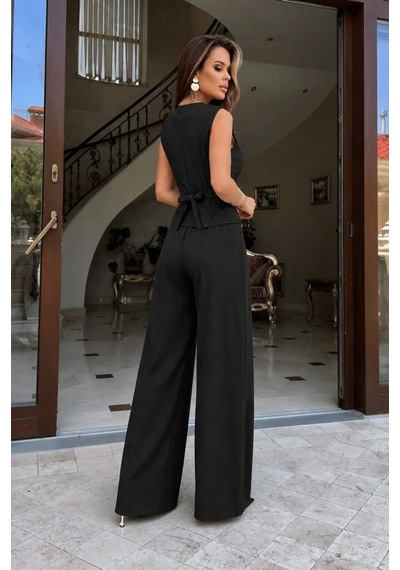 Veraura Lifestyle Kadın Askılı Önden Düğmeli Bluz Ve Pantolon Keten Ikili Takım Siyah