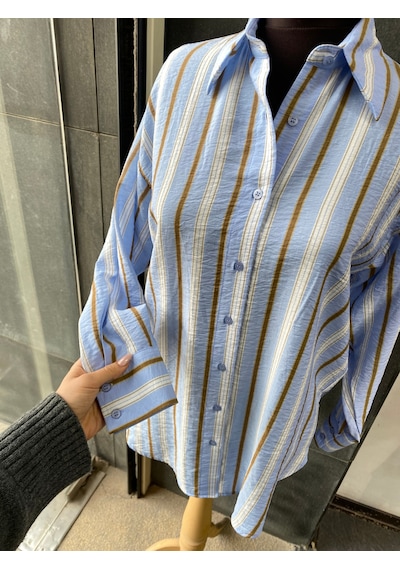 Pera Moda Oversize Çizgili Uzun Kadın Gömleği Mavi