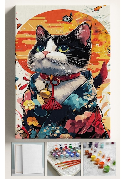 Sayılarla Boyama Tuval Seti Fırça Boya Dahil Çıtalı 40x50 Cm - Çıngıraklı Kedi
