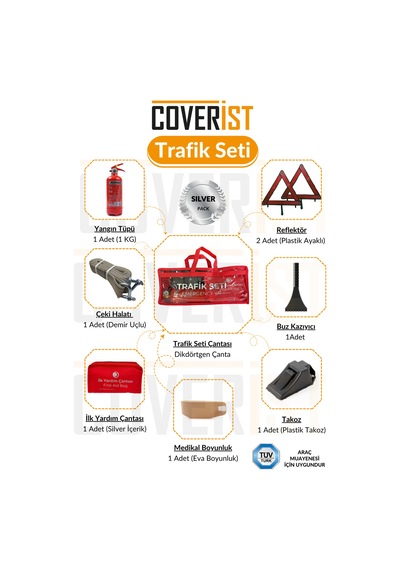 Trafik Ve İlk Yardım Seti - Muayene Uyumlu 1 Kg Araç Yangın Tüpü - 2 Adet Reflektör - Silver Pack