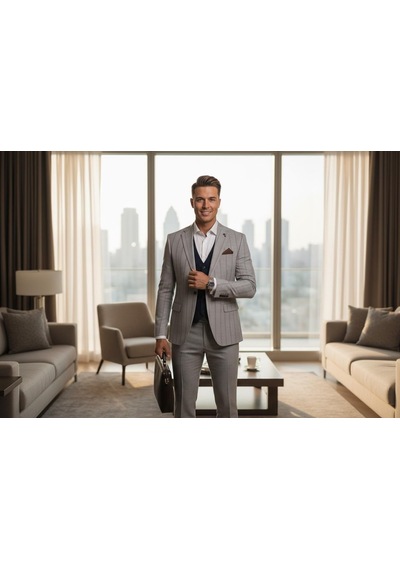 Erkek Çizgili Takım Elbise 3 Lü Set Ceket + Yelek + Pantolon Slim Fit İtalyan Tarz Gri