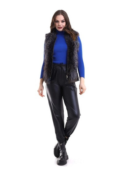 Ertaştrendstore Kadın Fermuarlı Koyun Derisi Tilki Kürkü - Siyah Çok Renk