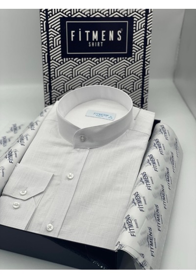 Hakim Yaka Slim Fit Keten Hediye Kutulu Erkek Gömlek Fs-003042 - Beyaz-2196