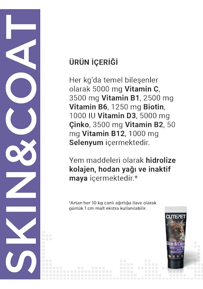 Cutepet Skin & Coat Kedi Deri Ve Tüy Sağlığı Malt 100g Omega 3-6-9, Biotin Ve Kolajen Destekli
