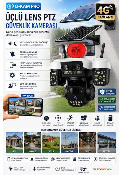O-kam Okam 8090 Solar Pro 4g Simkartlı Güneş Enerjili 3 Lens Akıllı Güvenlik Kamerası Beyaz - 913353181