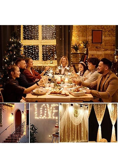 Yizhet Işık Perdesi, 3 X 3 M, Led Işık Zinciri, Perde, 8 Modlu, Ip65 Su Geçirmez, İç Ve Dış Mekan Dekorasyonu, Düğün, Parti, Noel, Teras İçin 300 Led, Sıcak Beyaz .