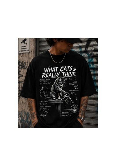 Qmen Style Unisex Siyah Oversize Baskılı T-shirt Uzman Kedi R %100 Pamuk