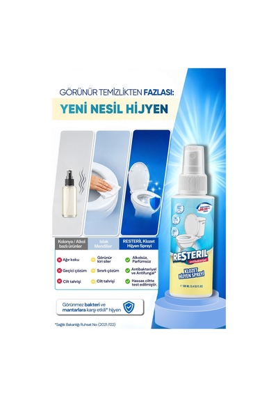 Resteril Klozet Kapağı Temizleyici 100ml Çanta Boy Hızlı Etkili Dezenfektan Sprey Alkolsüz Hipokloröz Asit Tuvalet Koku Giderici 100 ML