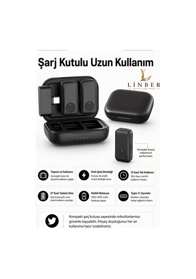 Siyah Kablosuz Yaka Mikrofonu Type-c Girişli Şarj Kutulu 2 Verici 1 Alıcı 48khz 24bit Gürültü Engellemeli. Siyah Siyah