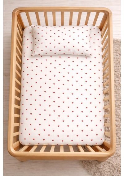 %100 Pamuk Lastikli Bebek Çarşafı + Yastık Kılıfı Park Yatak 60x120 70x110 70x120 Uyumlu Kalp