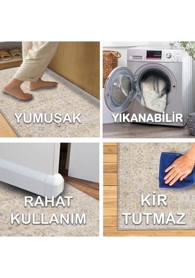 Ayrex Latte Dizayn Ryella Vintage Desenli Şönil Pamuk Tabanlı Yıkanabilir Kaymaz Antibakteriyel Salon Halısı 120x1 Diğer