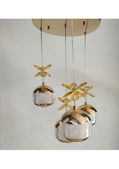 4'lü Gold Ağzı Açık Kristal Top Avize