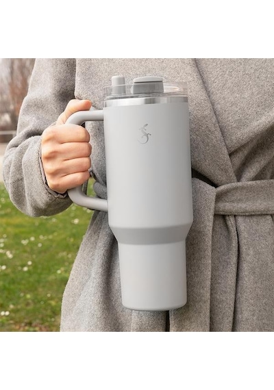 Lurch - Big Cup 1.2 L Granit Gri, Paslanmaz Çelik Termos - Uzatılabilir Pipetli, Çift Cidarlı, Sızdırmaz - 240878 Beyaz