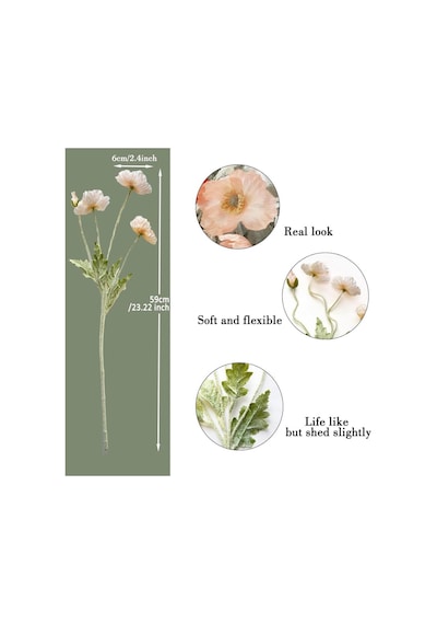 Yapay Çiçek Gelincik Çiçeği Yavruağzı Renk 3 Çiçek 1 Tomurcuk 59cm