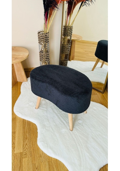 Fasulye Model Ahşap Ayaklı Teddy Kumaş Dekoratif Puf Bench Füme