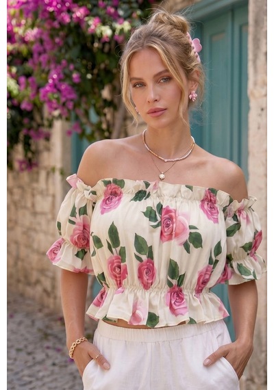Madonna Yaka Kadın Bluz Lastik Detaylı Rahat Kesim Beyaz - Pembe