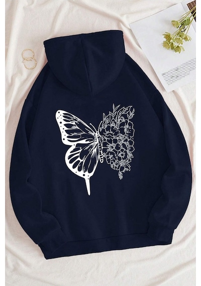 Uyguntarz Unisex Drawing Butterflies Sırt Baskılı Sweatshirt Lacivert
