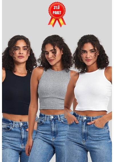 Comeor Kadın Siyah-gri-beyaz Fitilli Görünümlü Askılı Kalın Esnek Örme 3'lü Basic Crop Atlet Bluz Çok Renkli