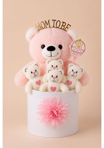 Mom To Be Yazılı Taçlı Peluş Ayıcık Hediye Kutusu Anne Adayına Ve Kız Bebeğe Hediye