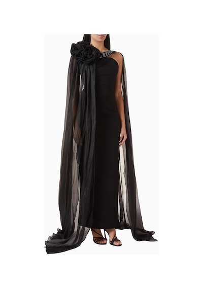 Ac By Aanchal Chanda Embellished Cape Saten - Şifon Işlemeli Pelerin Kollu Kadın Elbise Siyah