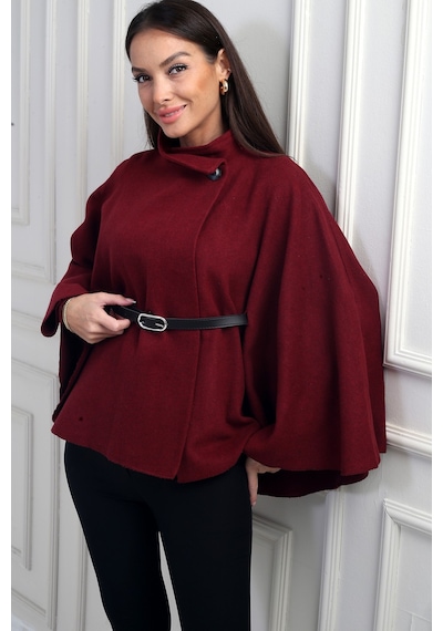 By Saygı Kadın Düğmeli Beli Kemerli Kaşe Panço Bordo