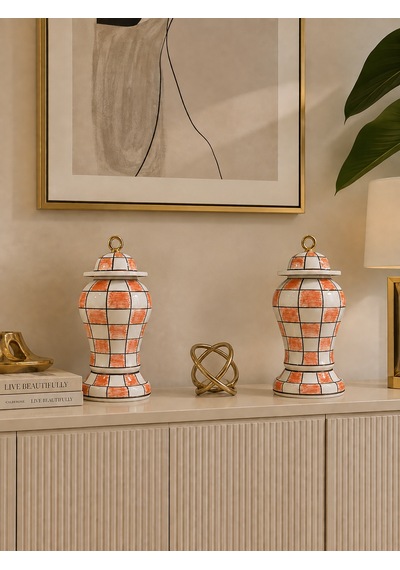 Salon Seti - Turuncu Damalı Dekoratif Obje Çan Şah Küp Gold