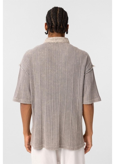 Vamos Yıkamalı Triko Oversize Polo Yaka Tişört V70-53 Taş