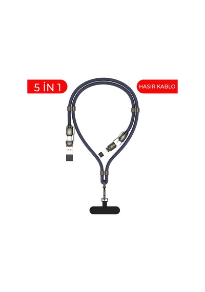 240w 5'i 1 Arada Usb/type-c/lightning Boyun Askılı Turbo Şarj Ve Data Kablosu Hasır Kablo Mt2515
