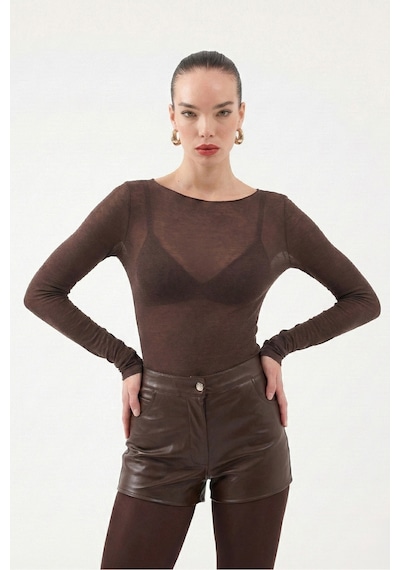 Holly Lolly Kayık Yaka Ultra Soft Nikki Kaşmir Bluz Kahve
