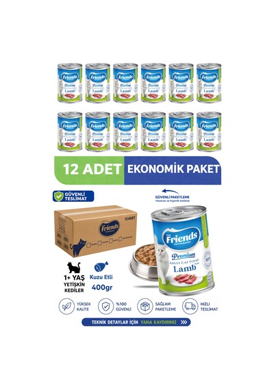 Premium Kuzu Etli Yetişkin Kedi Konservesi 400 Gr X 12 Adet Ekonomik Paket Yaş Mama