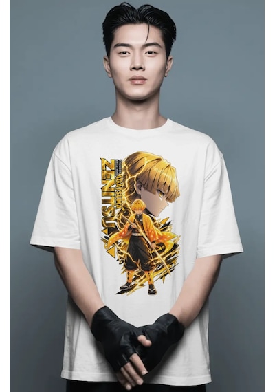Unisex Oversize Zenitsu Agatsuma Demon Slayer Anime Karakter Ön B Beyaz