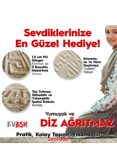 Evaşk Seccade,Diz Ağrıtmayan Kadife Kabartma Kaymaz Namazlık
