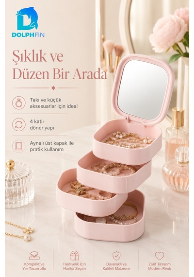 Aynalı 4 Katlı Kare Makyaj Ve Kozmetik Organizer Banyo Dolap Düzenleyici Pembe