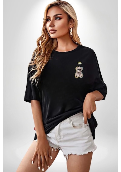 Gerçeklikten Uzak Tutun Siyah Oversize Unisex Ön Sol Yan Minimal Baskılı Tişört Koyu Siyah