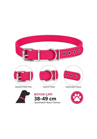 Köpek Boyun Tasması 38-49 Cm Dokuma Naylon Metal Tokalı D Halkalı Ayarlanabilir - Kırmızı Çok Renkli