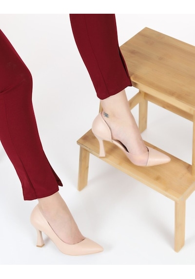 Feles Kadeh Topuk Yanı Şeffaf Stiletto Kadın Topuklu Ayakkabı Ten