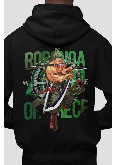 Sevbano One Piece Roronoa Zoro Anime Sırt Baskılı Unisex Oversize Penye H Siyah