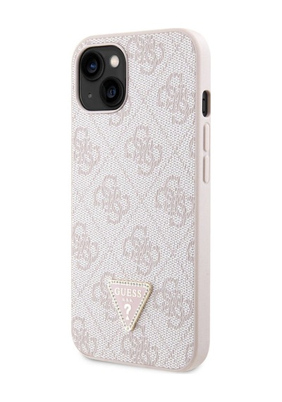 Apple Uyumlu iPhone 14 Kılıf Guess Lisanslı Pu Deri Taşlı Üçgen Logo 4g Desenli Kapak Pembe