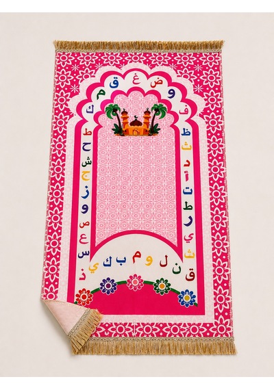 Çocuk Seccadesi 97x45 Cm Arapça Alfabeli Püsküllü Namaz Seccadesi Pembe