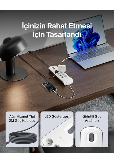 Belkin Bsv804vf2m Akım Korumalı Uzatma Priz,8 Çıkışlı Priz,2,4a Ç